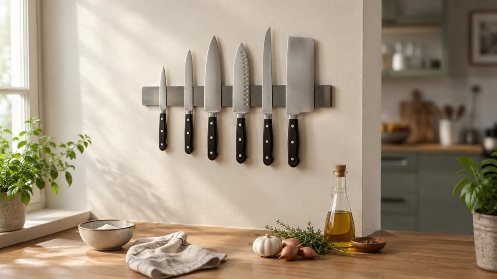 A photograph of a single sleek magnetic knife strip mounted on a pale, warm-toned kitchen wall, shown in a horizontally composed 16:9 landscape scene. A neat row of everyday kitchen knives rests securely along the strip, their understated handles and brushed steel blades catching the soft daylight. Below, a light oak countertop holds a small ceramic bowl, a folded linen towel, and a few casually arranged cooking ingredients, creating a lived-in but uncluttered setting. The co