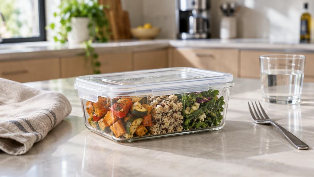 A photograph of a single clear meal-prep box with a matching transparent lid, resting on a pale stone kitchen island beside a folded linen towel. The box contains a neatly arranged lunch of roasted vegetables, grains, and fresh greens, with subtle condensation and realistic reflections on the plastic. A simple fork and a small glass of water sit nearby, suggesting an everyday meal-prep routine without making the scene feel staged. In the softly blurred background, a bright mo