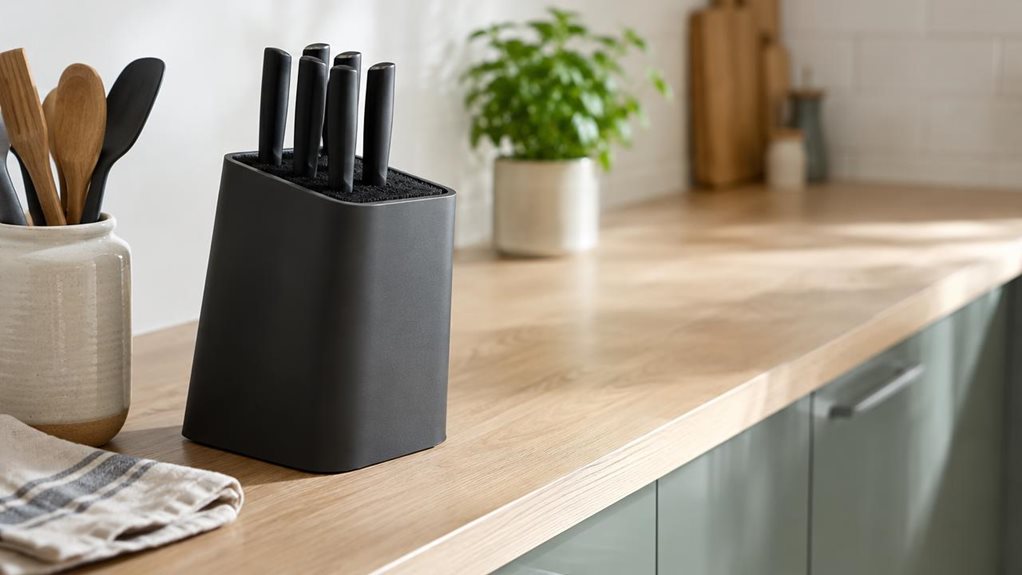 A photograph of a sleek, modern knife block with dense black bristles sitting naturally on a light oak kitchen countertop, framed in a horizontal 16:9 landscape composition. The product is positioned near the edge of the counter beside a ceramic utensil jar and a folded linen dish towel, suggesting a calm, lived-in kitchen scene without any staged action. Soft daylight streams in from an unseen window, creating gentle highlights on the block’s matte surface and subtle shadows