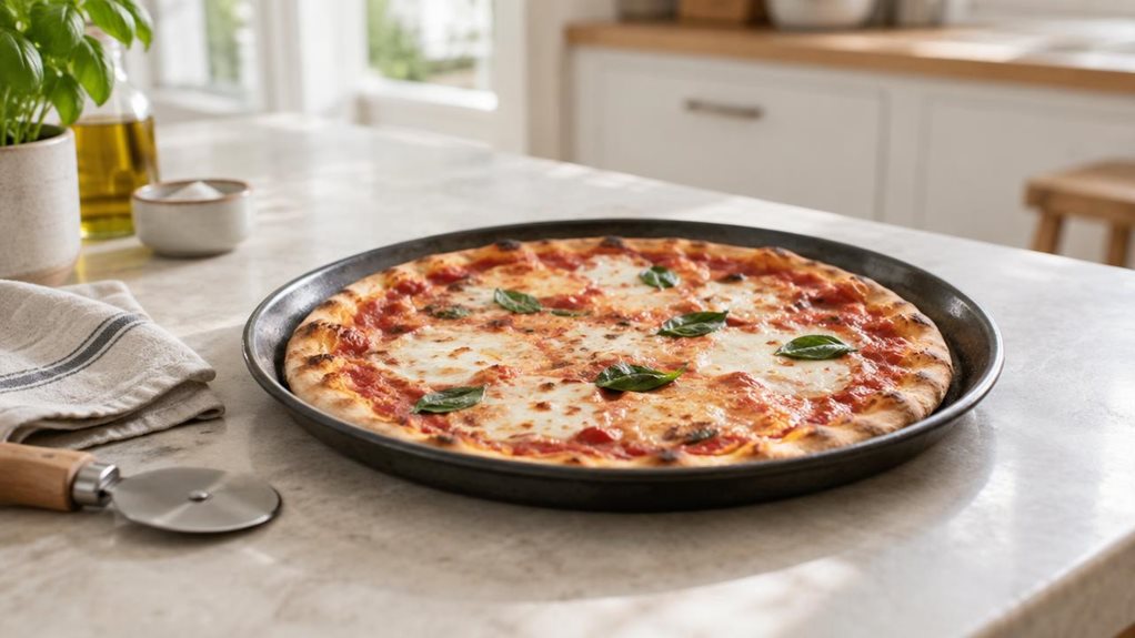 A photograph of a single round pizza tray resting on a light stone countertop in a relaxed, modern kitchen, composed horizontally in a 16:9 landscape frame. The dark metal tray holds a freshly baked thin-crust pizza, lightly browned at the edges and topped with tomato, melted cheese, and a few basil leaves. A folded linen napkin and a simple pizza cutter sit nearby, adding a natural, lived-in touch without distracting from the tray. Soft daylight falls across the scene from a