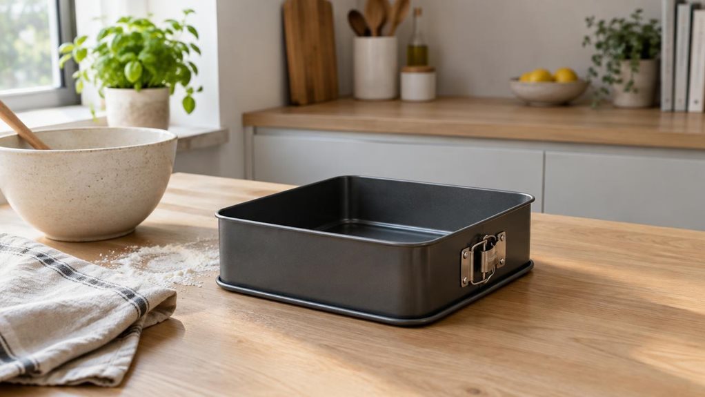 A photograph of a single square springform cake tin resting on a light oak kitchen counter in a modern, softly styled home kitchen, framed in a horizontal 16:9 composition. The matte metal tin sits slightly off-center beside a folded linen tea towel, a ceramic mixing bowl, and a dusting of flour, suggesting recent baking without showing any action. Its clean edges, removable latch, and dark nonstick finish are clearly visible, with subtle reflections from natural window light