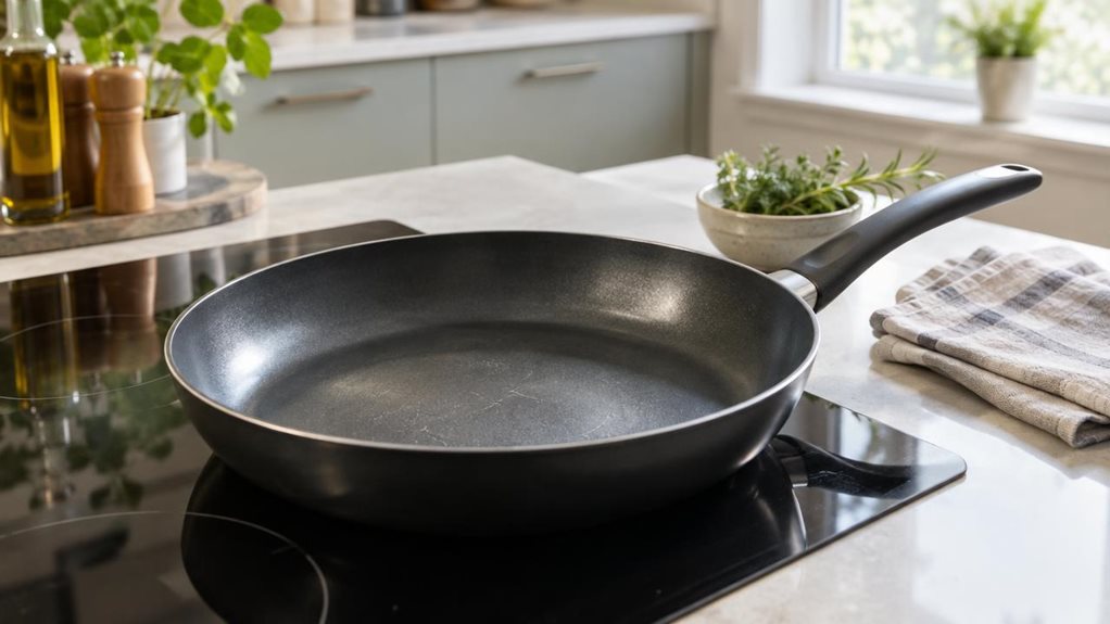 A photograph of a single 33 cm round frying pan resting naturally on a modern kitchen stovetop, its dark nonstick surface catching a gentle sheen from the window light. The pan is the clear hero, shown at a slight overhead angle with its sturdy handle extending toward the edge of the frame; a few subtle signs of everyday use make it feel authentic. A folded linen tea towel and a small bowl of fresh herbs sit nearby on the clean, pale countertop, adding a lived-in touch withou