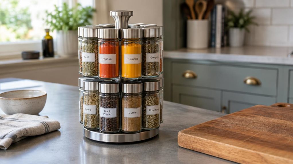 A photograph of a single 20-jar rotating spice carousel resting on a kitchen counter beside a wooden chopping board. The rack is the clear hero of this horizontally composed, 16:9 landscape scene, with neatly arranged glass jars, brushed-metal lids, and a smooth central rotating stand rendered in crisp, realistic detail. A few jars hold colorful spices—paprika, turmeric, peppercorns, and dried herbs—while their simple, unbranded labels keep the design understated. The carouse