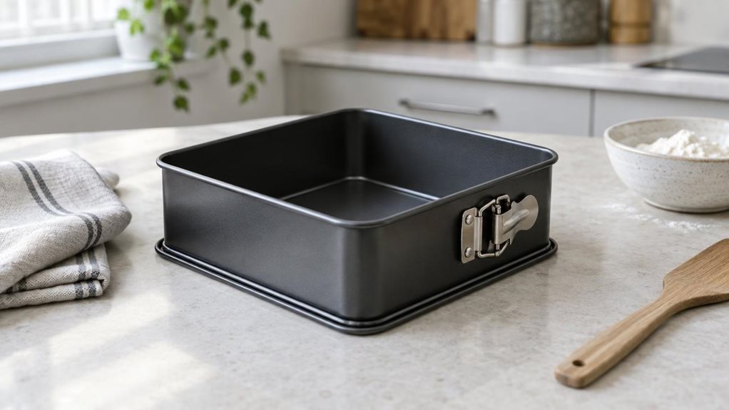 A photograph of a single square non-stick springform loaf tin resting on a pale stone kitchen counter, composed as a horizontal 16:9 landscape scene. The tin is the clear hero: its dark charcoal finish, straight sides, removable base, and small metal clasp are sharply rendered, with subtle highlights revealing the realistic texture of the coating. Nearby, a folded linen tea towel, a wooden spatula, and a small bowl of flour create a relaxed baking-kitchen setting without dist