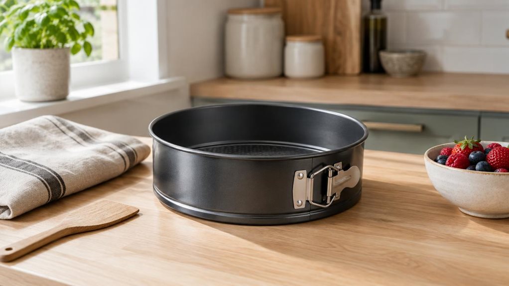A photograph of a single springform cake tin set resting on a light oak kitchen counter, shown in a horizontally composed 16:9 landscape scene with a calm, lifestyle feel. The round nonstick tin is placed beside a folded linen towel, a wooden spatula, and a small bowl of fresh berries, suggesting a home baking setup without any action. Soft natural daylight streams in from a nearby window, creating gentle highlights on the dark metal surface and subtle shadows across the coun