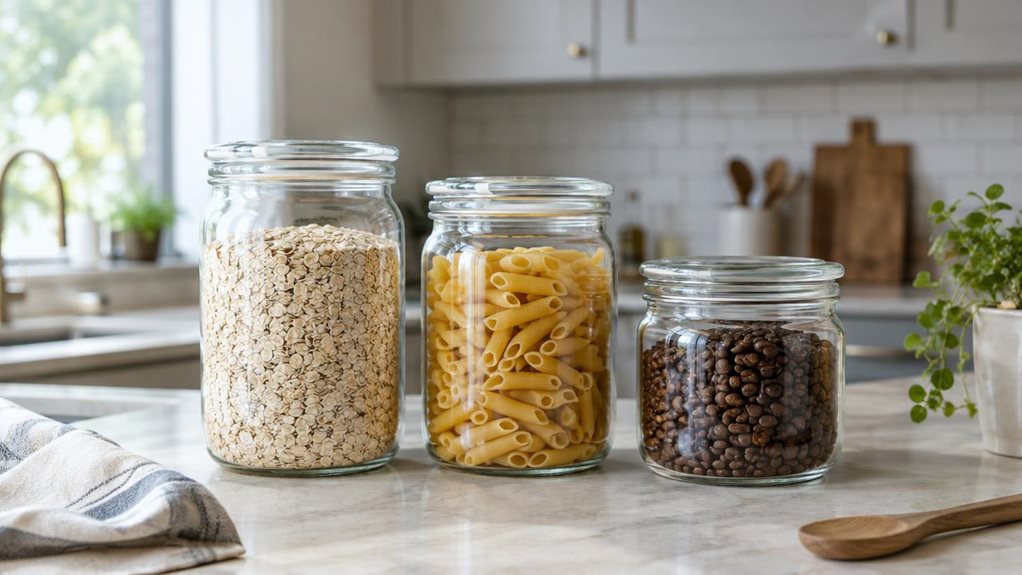 A photograph of a single set of three airtight glass storage jars arranged on a pale stone kitchen counter, shown in a horizontally composed 16:9 landscape scene. The jars are clear, with simple fitted lids and subtle sealing rings, each holding a different pantry staple: rolled oats, dried pasta, and coffee beans. Their clean, practical design feels at home in a calm, modern kitchen, with a linen tea towel and a small wooden utensil nearby. Soft daylight falls in from a wind