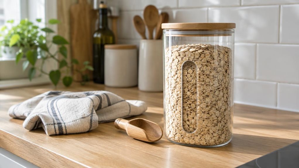 A photograph of a single clear 1.4-liter storage jar with a narrow viewing window, resting on a light oak kitchen counter beside a tiled backsplash. The jar is the hero of a horizontally composed 16:9 landscape scene, filled with rolled oats and positioned naturally among a folded linen tea towel and a small wooden scoop. Its simple, practical shape and transparent body are clearly visible, with no label or branding. The composition feels casually observed, as though captured