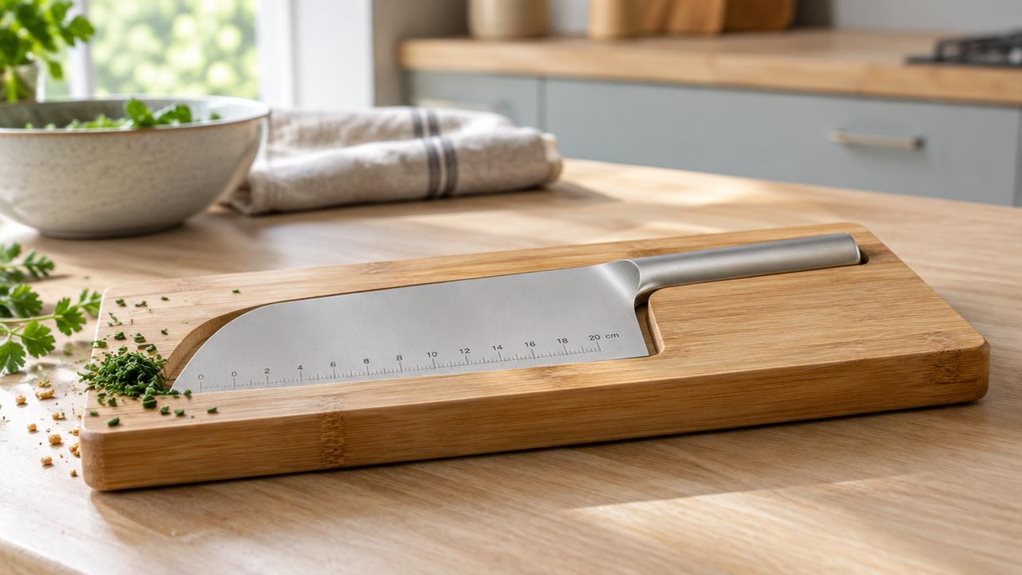 A photograph of a Relaxdays-style weighing knife with its matching board, arranged as the single hero product on a bright, natural kitchen counter. The knife rests neatly in the shallow groove of the board, its broad stainless-steel blade and clearly visible measurement markings catching the soft daylight from a nearby window. A few chopped herbs and crumbs sit casually at one edge, suggesting everyday use without showing anyone mid-action. In the softly blurred background, a