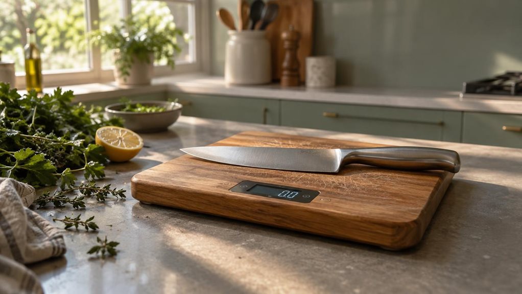 A photograph of a kitchen countertop bathed in soft morning light streaming through a nearby window. At the center sits a weighing knife with an integrated cutting board, its stainless steel blade resting atop a small built-in digital display embedded in the wooden board. The board shows faint knife marks from previous use, giving it an authentic, lived-in character. Beside it, a scattering of fresh herbs and a halved lemon add color and context, slightly out of focus to keep