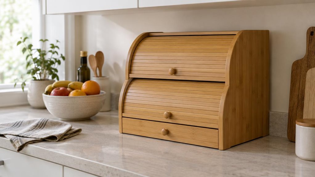 A photograph of a Ribelli-style bamboo bread bin in a warm, modern kitchen, composed as a horizontal 16:9 landscape scene. The single bread bin is the clear hero, resting naturally on a pale stone countertop beneath simple white cabinets. Its honey-toned bamboo frame has two stacked levels with gently curved slatted doors, while a shallow pull-out drawer sits neatly beneath them; subtle grain, smooth edges, and small round wooden knobs make the construction feel realistic. A