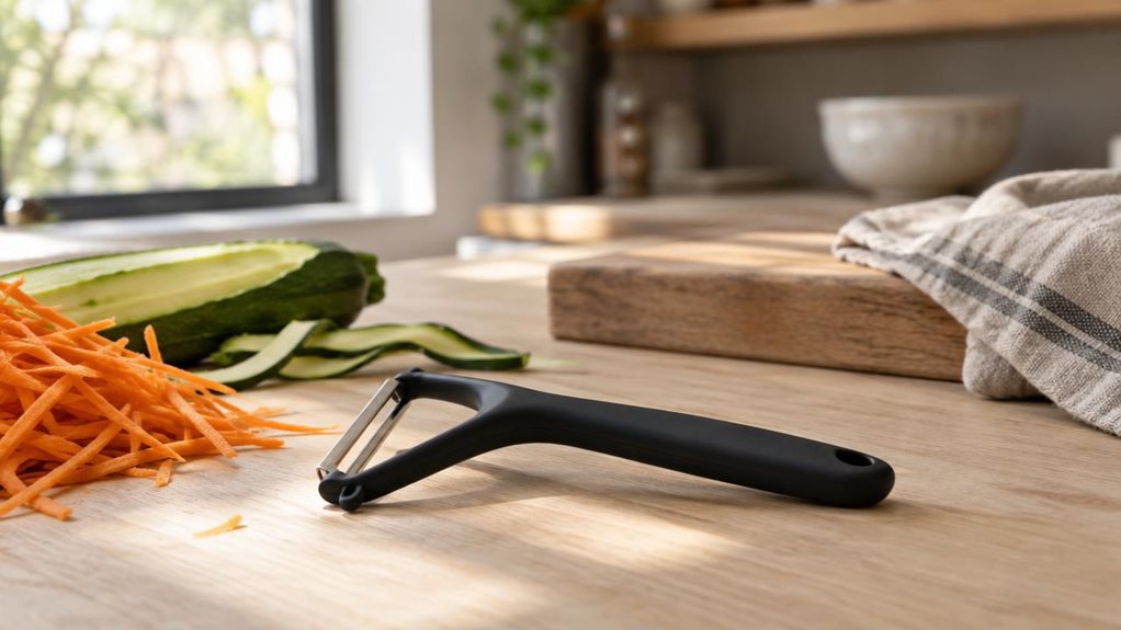 A photograph of a sleek Y-shaped peeler with a matte black stainless steel body resting on a pale wooden kitchen countertop, positioned diagonally across the lower third of the frame. The peeler's blade catches a sliver of natural window light, giving it a subtle metallic gleam against its otherwise matte finish. Beside it, a small pile of thin julienned carrot strips and a partially peeled zucchini suggest recent use, though the scene feels still and candid rather than stage