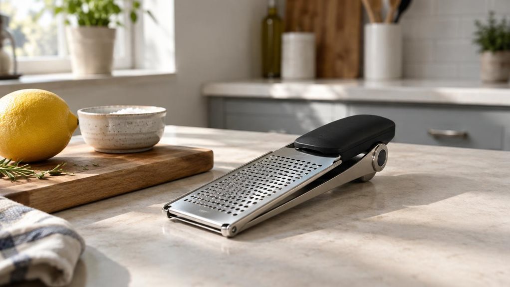 A photograph of a horizontally composed 16:9 landscape kitchen scene, showing a compact folding grater resting naturally on a pale stone countertop beside a wooden cutting board, a lemon, and a small ceramic bowl. The grater is the clear hero: sleek stainless steel with a matte black handle, folded into its space-saving form and angled slightly toward the viewer so its perforated grating surface catches the light. The setting feels calm and lived-in, like a casual editorial s