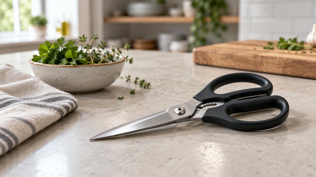 A photograph of a single pair of sturdy stainless-steel kitchen scissors resting naturally on a pale stone countertop in a bright, modern kitchen. The scissors are the clear hero of the scene, angled casually beside a folded linen tea towel and a small bowl of fresh herbs, with their clean metal blades and ergonomic dark handles rendered in crisp, realistic detail. A wooden cutting board and softly suggested kitchen shelving sit farther back, adding context without clutter. T