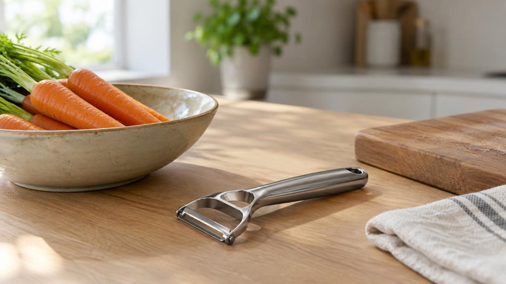 A photograph of a single high-quality vegetable peeler resting casually on a light oak kitchen counter, framed in a horizontally composed 16:9 landscape scene. The peeler is the hero of the image, positioned beside a ceramic bowl of freshly washed carrots, a wooden cutting board, and a folded linen towel, suggesting a calm everyday prep moment in a modern home kitchen. Soft natural morning light streams in from the left, creating gentle highlights on the polished metal and su
