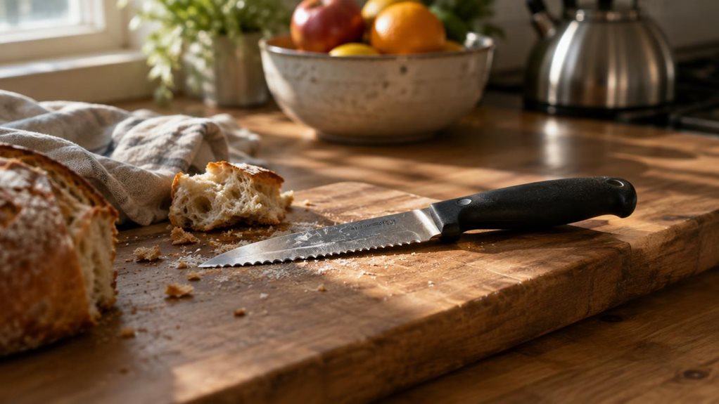 A photograph of a rustic butcher-block kitchen countertop, bathed in soft morning light streaming through a nearby window. In the center-right of the frame lies a serrated utility knife, its textured blade catching gentle highlights, resting diagonally atop a worn wooden cutting board. The knife's handle is dark, matte, and ergonomically contoured, showing faint signs of everyday use. Beside it, a few scattered breadcrumbs and a torn piece of crusty bread suggest recent use,