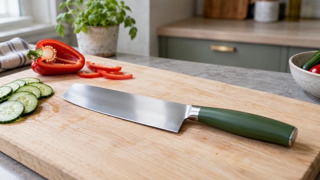 A photograph of a single 16 cm nakiri knife resting naturally on a pale wooden cutting board in a calm, modern home kitchen. Its broad rectangular stainless-steel blade and smooth green handle are clearly visible, with a few freshly sliced vegetables—thin cucumber rounds and a halved red pepper—nearby, suggesting everyday use without showing anyone in action. The knife is the hero of the scene, positioned at a slight diagonal and captured with the relaxed, observational feel 
