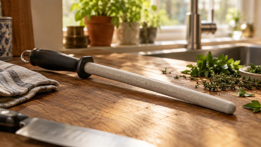 A photograph of a Rockingham Forge ceramic sharpening stick resting diagonally across a weathered wooden kitchen countertop, its pale speckled ceramic surface catching soft afternoon light streaming through a nearby window. The stick lies beside a few scattered kitchen items—a folded linen towel, a small pile of fresh herbs, and the blurred edge of a chef's knife just out of focus in the foreground. The countertop shows subtle knife marks and natural grain, suggesting a well-