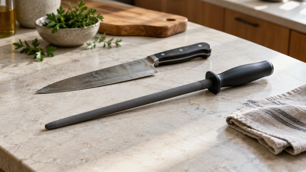 A photograph of a single ceramic sharpening stick resting naturally on a pale stone countertop in a calm, modern kitchen. The stick has a long, slender charcoal-gray ceramic rod with a finely textured surface, a simple dark handle, and a subtle protective guard; no branding or lettering is visible. It lies diagonally beside a well-used chef’s knife and a folded linen towel, suggesting its everyday place among kitchen tools without showing anyone using it. In the softly blurre