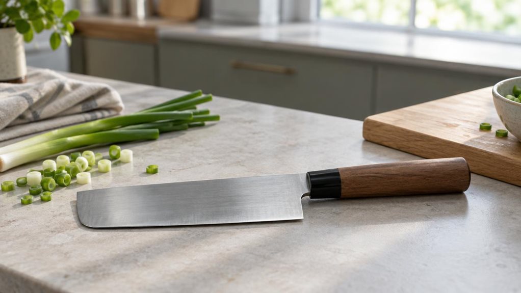 A photograph of a single Japanese-style nakiri knife resting naturally on a pale stone kitchen counter, its broad 17.5 cm rectangular blade and gently rounded handle clearly visible. The knife is the hero of a horizontally composed 16:9 landscape scene, placed beside a few freshly cut scallions and a small wooden cutting board in a calm, modern home kitchen. The arrangement feels casually observed rather than staged, with no person or action in view. Soft background blur reve