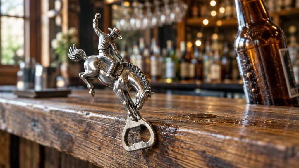 A photograph of a chrome bottle opener shaped like a miniature bucking bronco rider, mounted casually on the edge of a reclaimed wood home bar. The 16:9 landscape frame captures the opener in soft midday light streaming through a nearby window, its polished surface catching warm highlights and reflecting the blurred outline of hanging glassware in the background. The cowboy figure, frozen mid-ride atop the horse-shaped lever, gleams with a satin chrome finish, every muscular