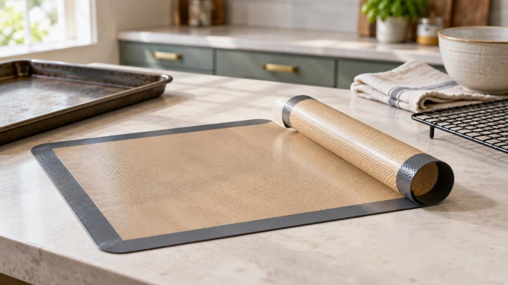 A photograph of a single pair of reusable baking mats arranged neatly on a pale stone kitchen counter beside a baking tray, ready for everyday use. The mats are the clear hero of the scene: one lies flat while the second is gently rolled at one edge, showing its flexible, textured surface. A cooling rack, a folded linen tea towel, and a ceramic bowl sit nearby, suggesting a well-used home kitchen without distracting from the product. The horizontally composed 16:9 landscape f