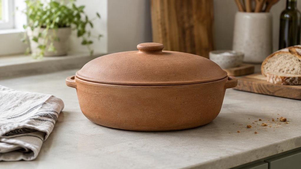 A photograph of a single oval ceramic bread pot resting on a pale stone countertop in a calm, modern home kitchen, composed as a horizontal 16:9 landscape scene. The warm terracotta-colored pot has a gently domed lid, subtle unglazed texture, and small side handles; it is the clear hero, shown naturally in its everyday setting. A folded linen tea towel and a few crumbs sit nearby, with a wooden bread board and softly suggested kitchen details in the background. Nothing is bei