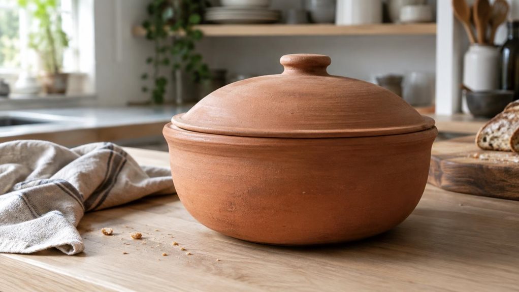 A photograph of a single round ceramic bread pot resting on a pale oak kitchen counter, composed as a horizontal 16:9 landscape scene. The warm, unglazed terracotta-colored pot has a gently domed lid, subtle handmade texture, and a small knob; its simple, sturdy form is the clear hero of the image. A linen bread cloth and a few crumbs nearby suggest everyday use, while a wooden cutting board and softly blurred shelves sit in the background. Natural morning light falls across 