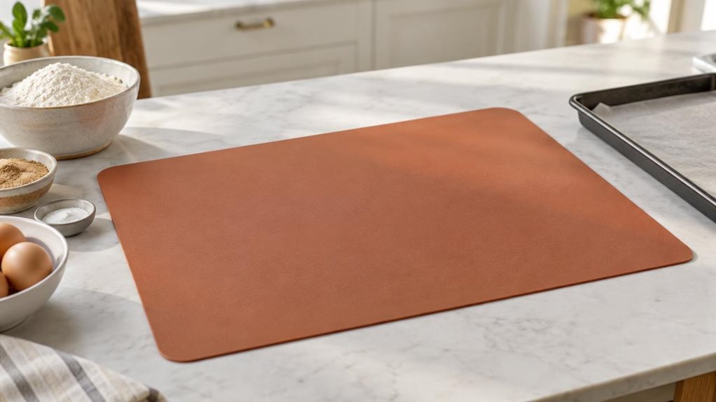 A photograph of a single large silicone baking mat, approximately 70 × 50.5 cm, laid flat across a clean kitchen countertop beside a baking tray. Its warm terracotta-colored surface has a subtle, realistic texture and softly rounded corners, with no lettering or visible branding. A few bowls of flour and baking ingredients sit nearby, suggesting an everyday home-baking setting without obscuring the mat. The scene is horizontally composed in a 16:9 landscape frame, captured fr