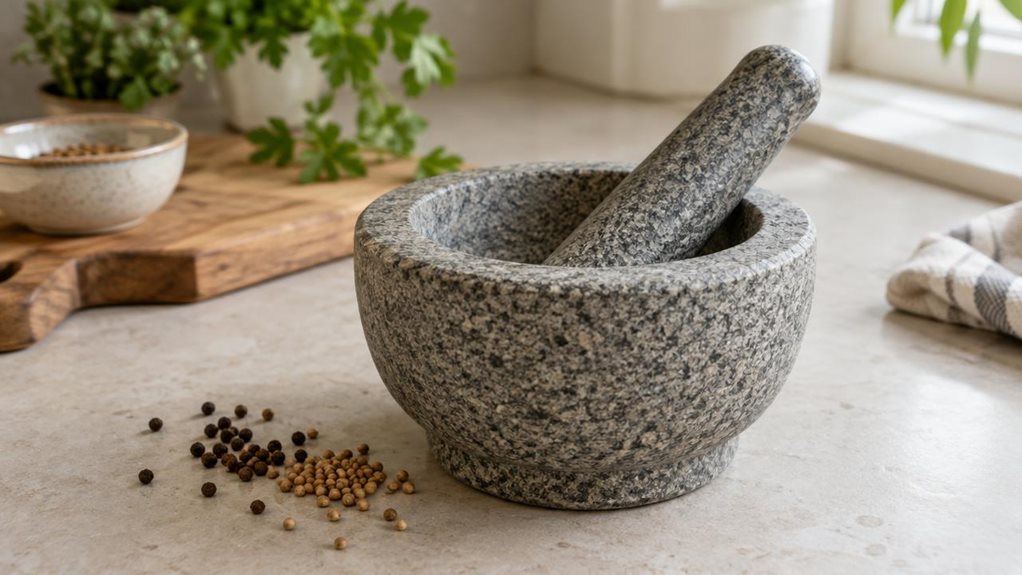 A photograph of a single granite mortar and pestle resting on a pale stone kitchen countertop, composed as a horizontal 16:9 landscape. The mortar’s substantial bowl has a naturally speckled gray surface and a gently rounded rim; its matching pestle rests inside at a slight angle. A few whole peppercorns and coriander seeds sit nearby, suggesting everyday use without showing anyone or catching the scene mid-action. In the softly blurred background, a simple wooden cutting boa