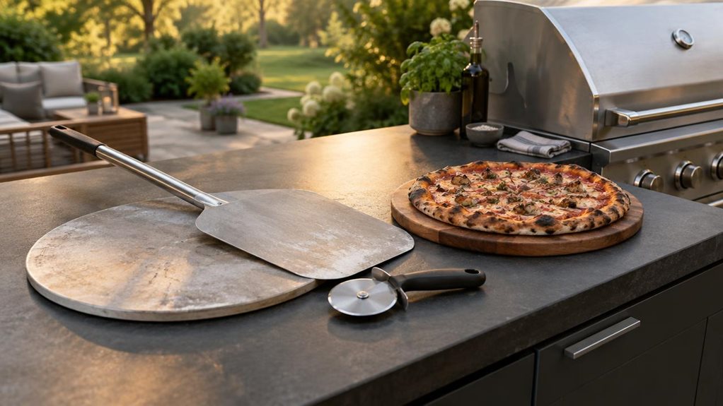 A photograph of a three-piece barbecue pizza set arranged on a dark outdoor kitchen counter beside a built-in grill, composed as a horizontal 16:9 landscape scene. The set includes a broad, round metal pizza stone, a long-handled pizza peel, and a compact cutter, grouped neatly with the peel resting at a slight angle against the stone. A freshly baked pizza sits nearby on a wooden board, suggesting a relaxed evening meal without showing anyone in action. The scene feels candi