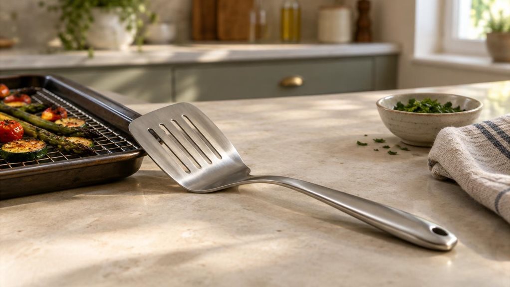 A photograph of a single stainless-steel kitchen spatula resting naturally beside a cooling pan on a pale stone countertop, in a horizontally composed 16:9 landscape scene. The spatula is the clear hero, its broad, gently curved head and slim handle catching soft highlights; its understated construction looks practical and well made, with no visible branding. Nearby, a folded linen towel and a small bowl of chopped herbs suggest an everyday home kitchen without making the sce