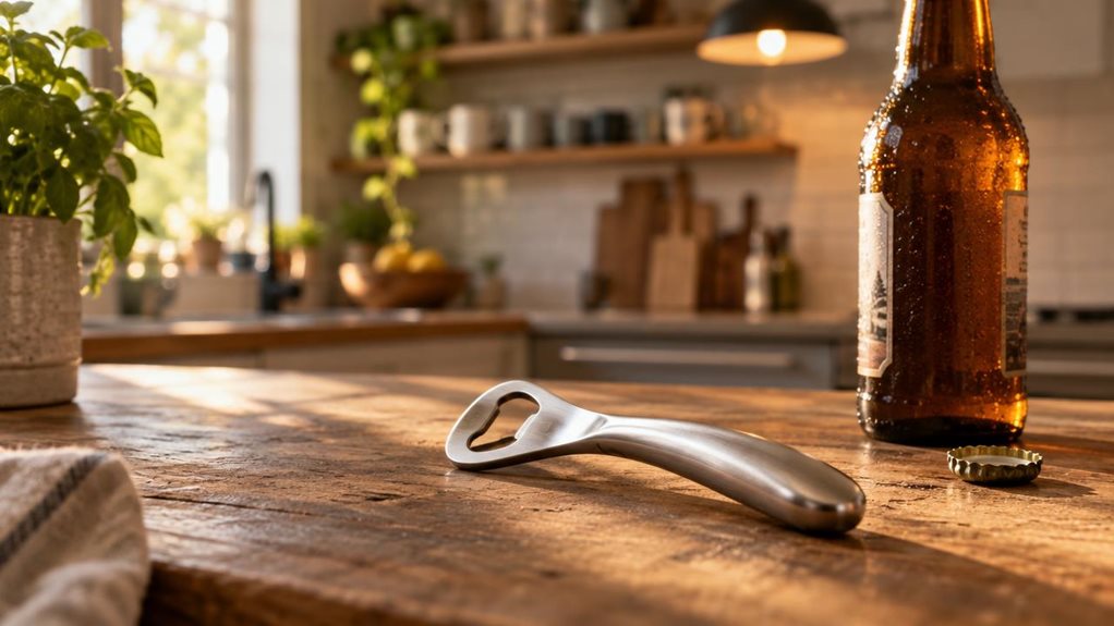A photograph of a polished stainless steel bottle opener resting on a weathered wooden kitchen countertop, positioned slightly off-center to the right. The opener's sleek, minimalist curved handle catches soft, golden afternoon light streaming in from a nearby window, creating gentle highlights along its brushed metal surface. Beside it sits a sweating glass bottle of craft beer, its cap already removed and lying nearby, suggesting a moment just after use. In the blurred back