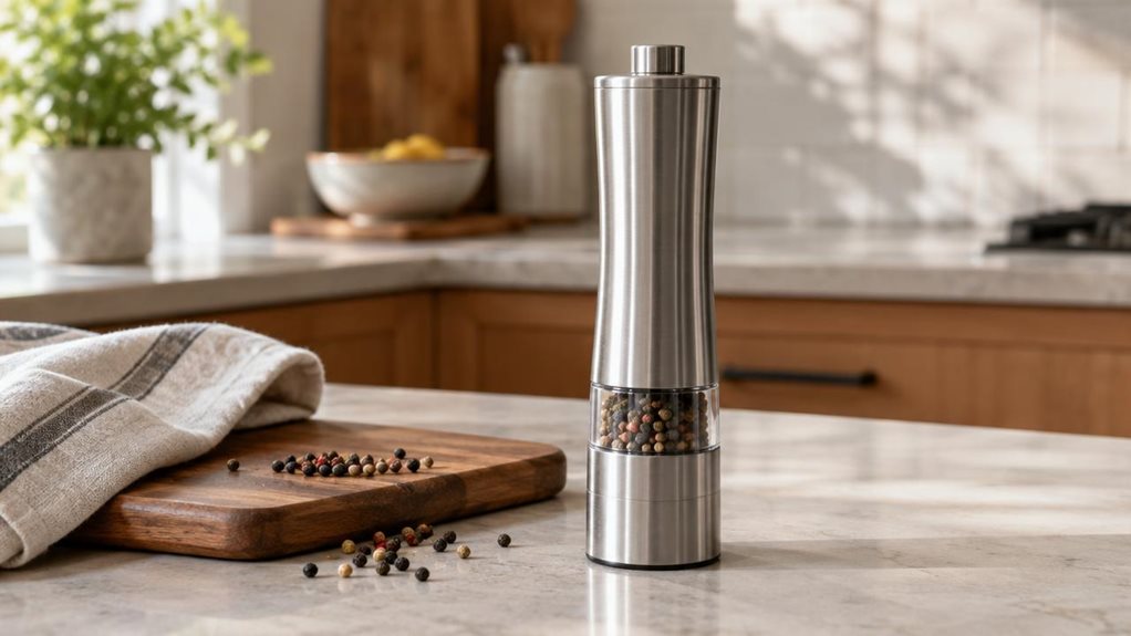 A photograph of a single stainless-steel spice mill standing on a pale stone kitchen counter, framed in a horizontal 16:9 landscape composition. The mill is the clear hero, shown upright beside a small wooden board with a few scattered peppercorns and a folded linen kitchen towel—an understated, natural setting where it belongs. Its brushed metal body catches soft window light, revealing realistic reflections, subtle fingerprints, and fine surface texture. In the softly blurr