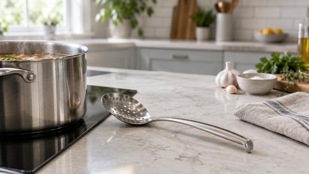 A photograph of a single stainless-steel slotted spoon resting beside a simmering pot on a clean, modern kitchen counter. The spoon has a compact, 12-centimeter head with evenly spaced drainage holes and a gently curved handle ending in a small hanging hook; its polished surface catches soft window light. A folded linen towel and a few understated cooking ingredients sit nearby, suggesting an everyday home kitchen without clutter. The pot and spoon are in crisp focus, while p