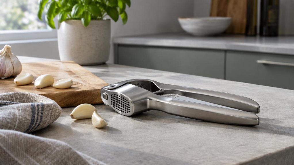 A photograph of a horizontally composed 16:9 kitchen scene, captured in soft natural daylight streaming through a nearby window, with a modern, understated countertop setting. In the foreground, a single brushed stainless steel garlic press with an integrated scraper rests casually beside a small wooden cutting board, a few peeled garlic cloves, and a linen dish towel. The product is the clear hero of the frame, shown in its natural home as an everyday culinary tool rather th
