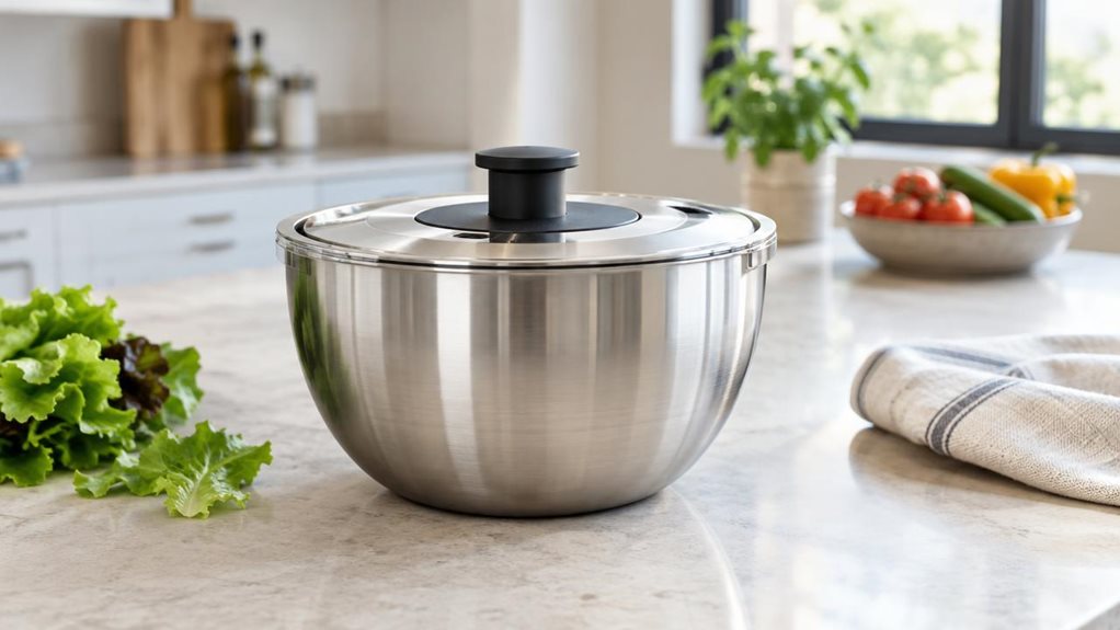 A photograph of a single stainless-steel salad spinner resting on a pale stone kitchen island in a bright, modern home kitchen. The product is the clear hero, shown at a natural three-quarter angle with its brushed 18/10 steel bowl, fitted lid, and subtle reflections rendered in realistic detail. A few fresh lettuce leaves and a folded linen tea towel sit nearby, suggesting everyday use without making the scene feel staged or mid-action. In the softly blurred background, unde
