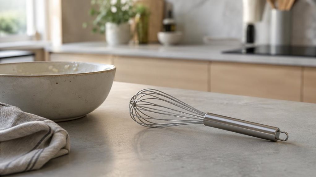 A photograph of a horizontally composed 16:9 kitchen scene, captured with a high-end camera in soft natural daylight, shows a single 22 cm stainless steel whisk resting casually on a matte stone countertop beside a ceramic mixing bowl and a folded linen towel. The whisk is the clear hero of the frame, positioned slightly off-center with clean, modern lines and a polished metal finish that catches gentle highlights. The background falls into a soft blur, revealing only a conte