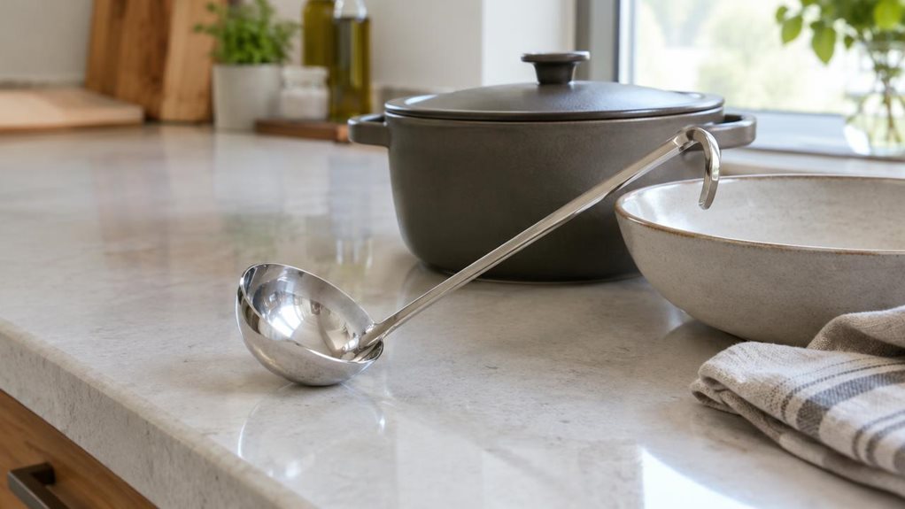 A photograph of a single stainless steel hook ladle resting casually beside a matte ceramic pot on a bright, modern kitchen countertop, composed in a wide 16:9 landscape frame. The ladle is the clear hero of the scene, positioned diagonally with its polished bowl catching soft daylight from a nearby window and the hooked handle subtly draped over the rim of a shallow serving dish. Around it, the environment feels lived-in but refined: pale stone surfaces, warm wood accents, a
