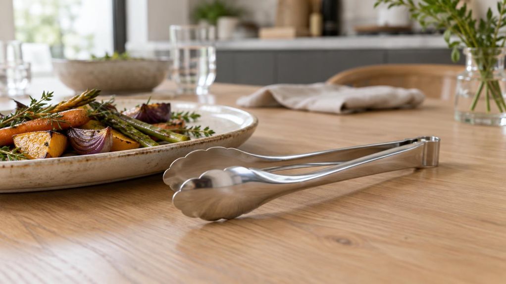 A photograph of a single pair of polished stainless-steel serving tongs, 23 cm long, resting naturally beside a ceramic platter on a light oak dining table. The tongs are the clear hero, their gently curved arms and joined handle catching soft highlights from a nearby window. A few roasted vegetables and fresh herbs sit on the platter, suggesting a relaxed meal without making the scene feel staged or mid-action. In the softly blurred background, a linen napkin, simple glasswa