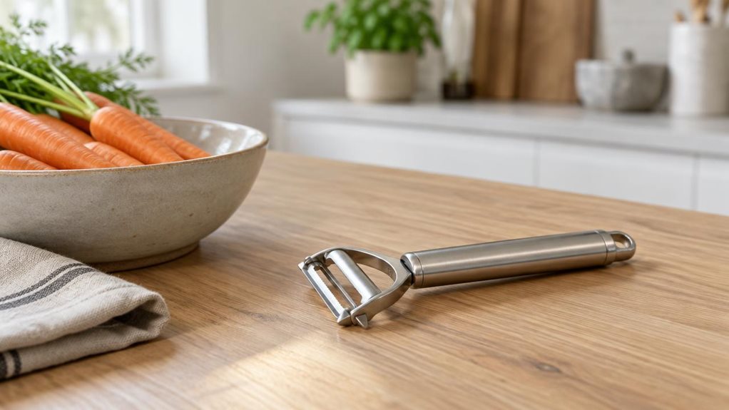 A photograph of a single stainless-steel right-handed peeler resting casually on a light oak countertop in a modern, minimalist kitchen, framed in a horizontally composed 16:9 landscape scene. The peeler sits near a ceramic bowl of fresh carrots and a folded linen towel, suggesting a quiet everyday cooking moment rather than an action shot. Soft natural window light washes across the scene, catching subtle reflections on the metal handle and clean edges of the blade. The back