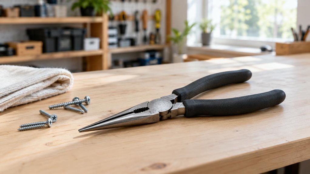 A photograph of a single pair of needle-nose pliers with dark silicone-coated handles, resting naturally on a clean workbench in a bright, modern home workshop. The pliers are the clear hero, positioned diagonally on a pale wooden surface beside a small, neatly arranged selection of screws and a folded cotton cloth. Their narrow metal jaws and softly textured handles are sharply detailed, with subtle signs of realistic use but no visible branding. In the softly blurred backgr