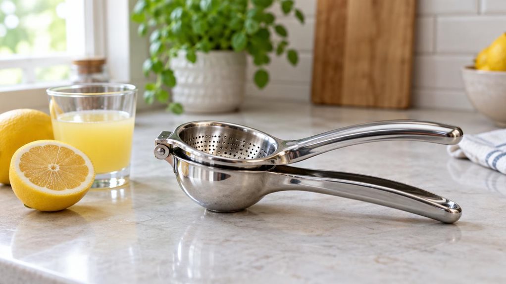 A photograph of a single polished stainless-steel lemon squeezer resting on a pale stone kitchen counter, its curved handles and perforated bowl catching the soft morning light. A cut lemon and a small glass of fresh juice sit nearby, suggesting an everyday kitchen moment without showing anyone using the tool. In the gently blurred background, white tile, a wooden cutting board, and a leafy herb plant create a calm, modern home setting. The scene feels candid and observationa