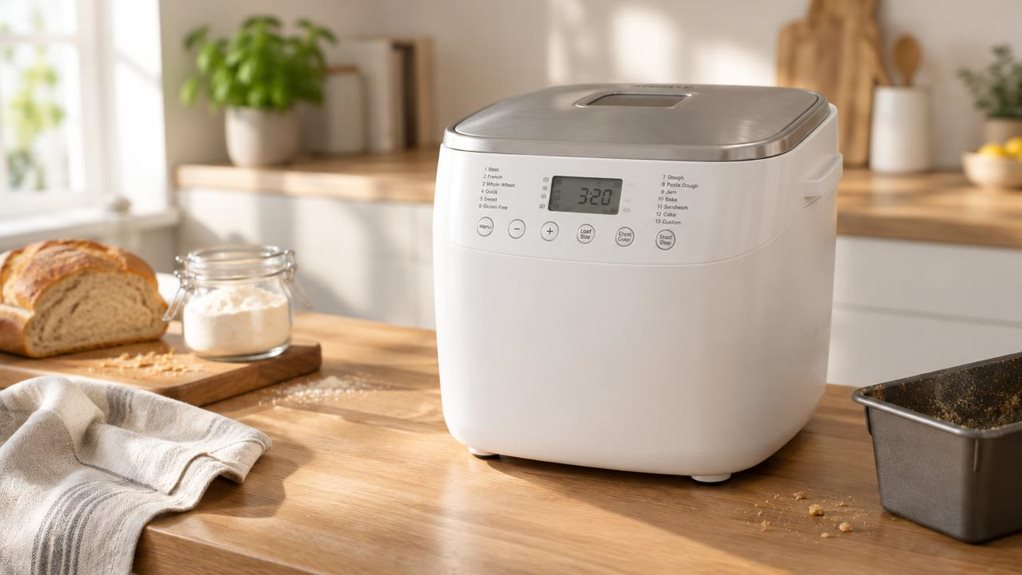 A photograph of a sleek white bread maker with a brushed-metal lid and compact, modern silhouette sitting naturally on a warm oak kitchen countertop in a bright, minimalist home kitchen, framed in a horizontal 16:9 landscape composition. The appliance is heroed as a lifestyle product in-situ, with a subtle front control panel showing multiple preset buttons and a small digital display, suggesting 13 programmes without any visible branding. Nearby, a linen tea towel, a wooden 
