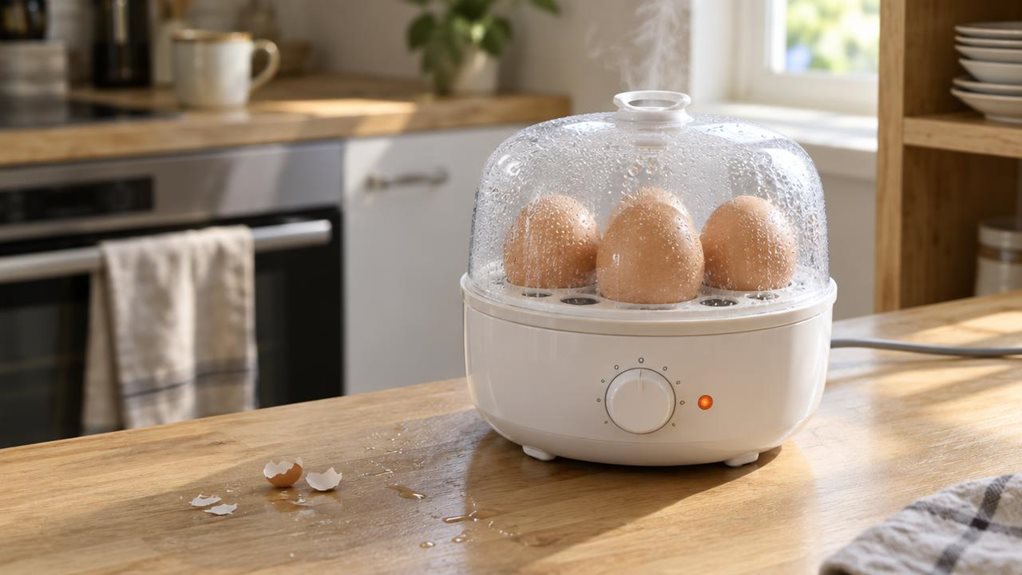 A photograph of a compact white egg cooker resting on a light oak kitchen countertop, positioned slightly off-center to the right within a horizontal 16:9 frame. The cooker's rounded plastic body gleams softly under natural morning light streaming in from a nearby window, catching the condensation on its clear measuring cup lid. Steam faintly rises from the top vent, suggesting recent use, while three cooked eggs sit in the perforated tray insert, their shells glistening with