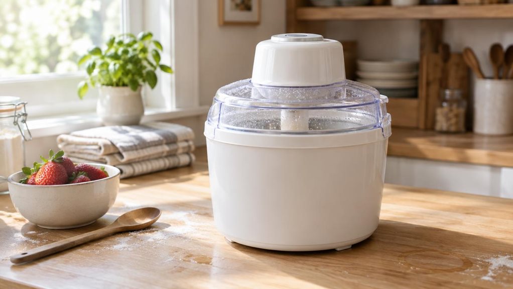 A photograph of a sleek white ice cream maker resting on a light oak kitchen countertop, positioned slightly off-center within a bright, airy kitchen. The machine's cylindrical bowl and clear lid catch soft, natural daylight streaming in from a nearby window, casting gentle highlights across its curved plastic surface. A wooden spoon rests casually beside it, along with a small ceramic bowl containing fresh strawberries, hinting at the next batch to be made. In the background