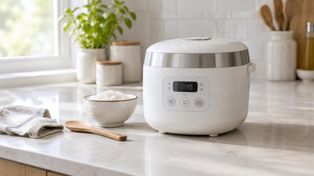 A photograph of a compact multi rice cooker staged naturally on a bright, modern kitchen counter, captured in a horizontally composed 16:9 landscape scene. The cooker sits slightly off-center beside a wooden spoon, a small bowl of steamed rice, and a folded linen towel, suggesting everyday use without any staged action. Its matte white body, stainless-steel trim, and clean control panel reflect a minimalist, contemporary design aesthetic. Soft morning light from a nearby wind