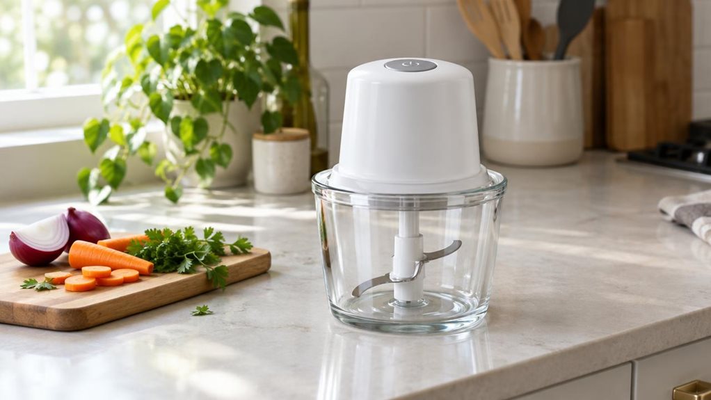 A photograph of a compact multi chopper resting on a pale stone kitchen counter, composed as a horizontal 16:9 landscape scene. The appliance is the clear hero: a clear glass bowl with a stainless-steel blade visible inside, topped by a smooth white motor lid and a simple control button. Nearby, a small cutting board holds a few casually arranged pieces of onion, carrot, and parsley, suggesting everyday meal preparation without showing the appliance in use. Soft window light 