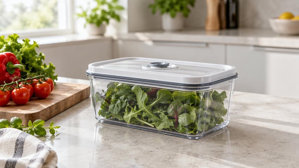 A photograph of a Rommelsbacher VCG 1 vacuum container set in a bright, modern kitchen, composed horizontally in a 16:9 landscape frame. The single clear, rectangular food-storage container is the hero, resting naturally on a pale stone countertop beside a wooden chopping board and a few fresh vegetables. Its transparent walls reveal neatly stored greens, while the fitted lid and small vacuum valve are clearly visible. The scene feels candid and observational, as if captured