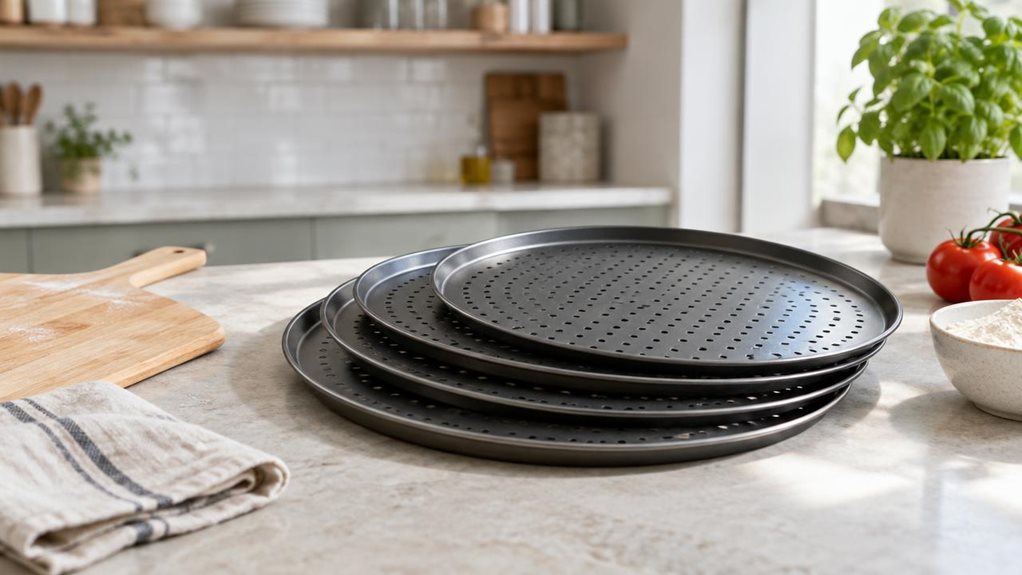A photograph of a four-piece pizza baking set arranged on a pale stone kitchen counter in a bright, modern home. The set is the clear hero: four round, dark metal pizza trays nested at a slight angle, their gently perforated surfaces and slim rolled edges catching the light. A wooden pizza peel and a folded linen tea towel sit nearby, with a small bowl of flour and a few tomatoes adding quiet kitchen context without distracting from the trays. The scene feels naturally observ