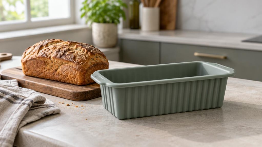 A photograph of a single unbranded silicone bread baking mould resting on a pale stone kitchen countertop, its flexible rectangular shape and softly ridged sides clearly visible. A freshly baked loaf sits beside it on a wooden board, with a few crumbs and a folded linen tea towel adding a natural, lived-in touch. The mould is the hero of this horizontally composed 16:9 landscape scene, photographed in its everyday kitchen setting with a candid, observational feel—nothing is b